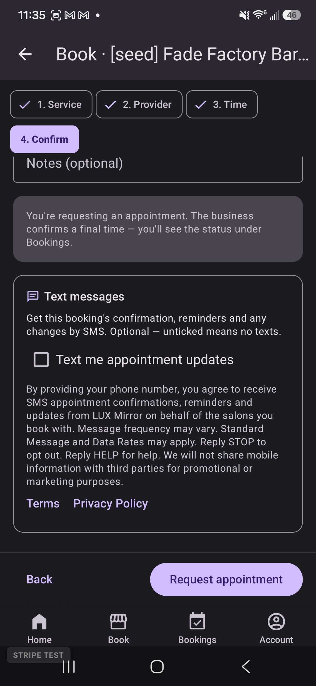 LUX Booking — booking confirmation step: the unticked “Text me appointment updates” box with the opt-in disclosure beneath it